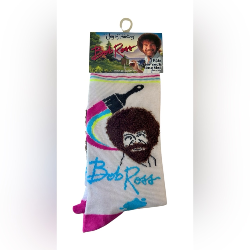 Bob Ross Socks Joy of Painting Funny Novelty Crew Socks - NWT Fuzzy Hair